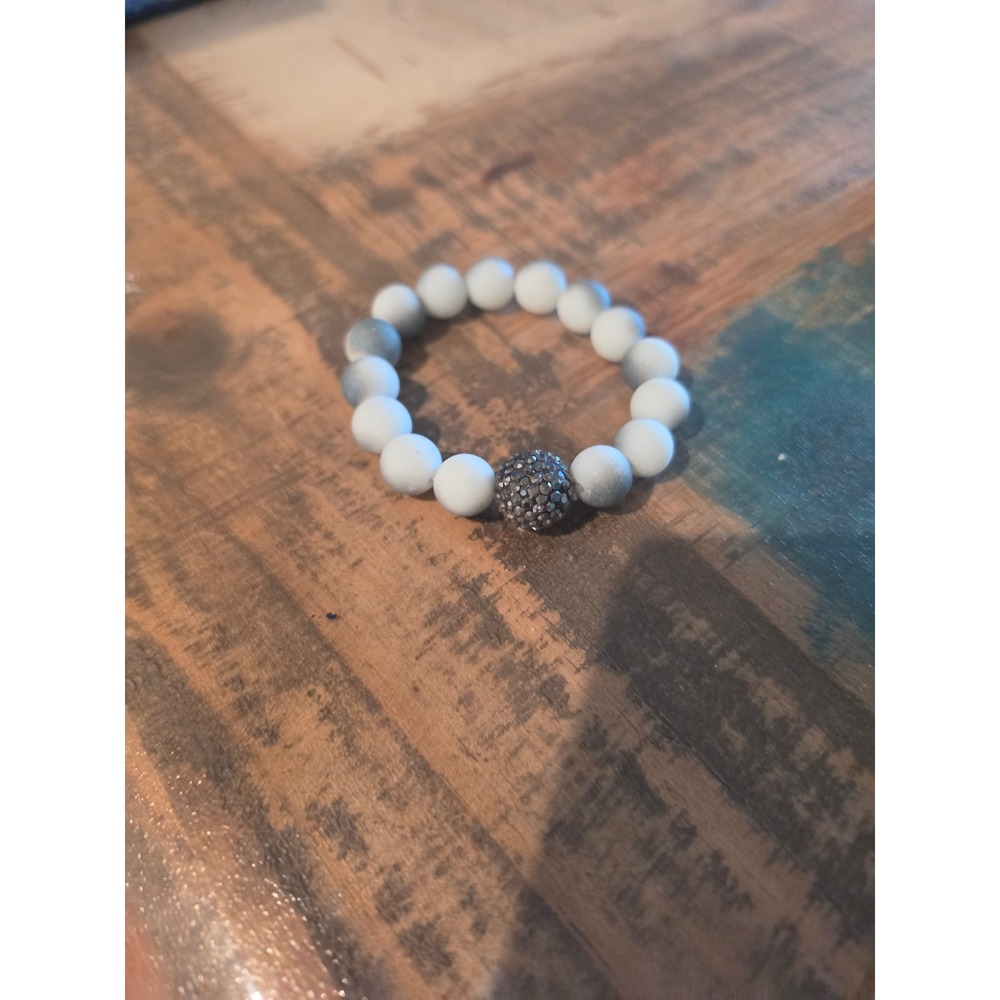 Matte White and Silver Beaded Stretch Bracelet with Pavé Crystal Disco Ball Bead